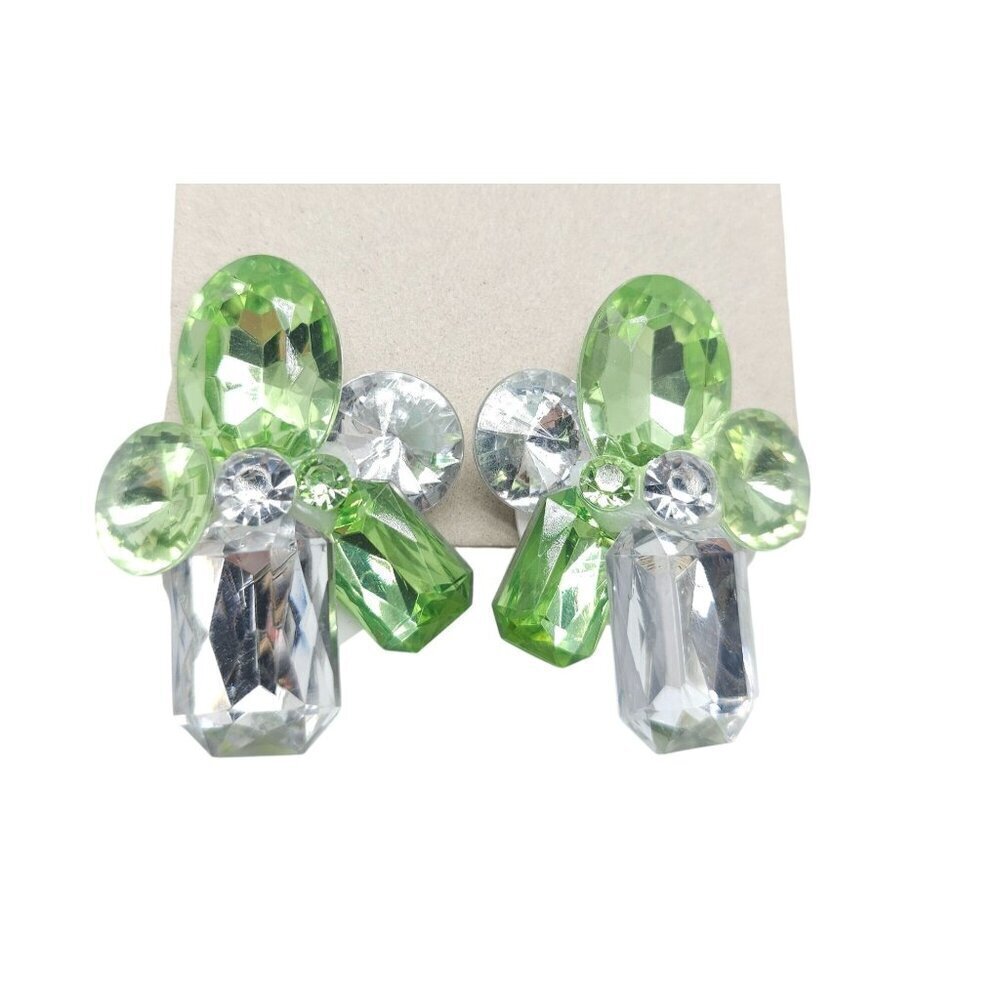 Vintage 1980s Green Clear Acrylic Clip-On Earrings With Faceted Gemstone Design
